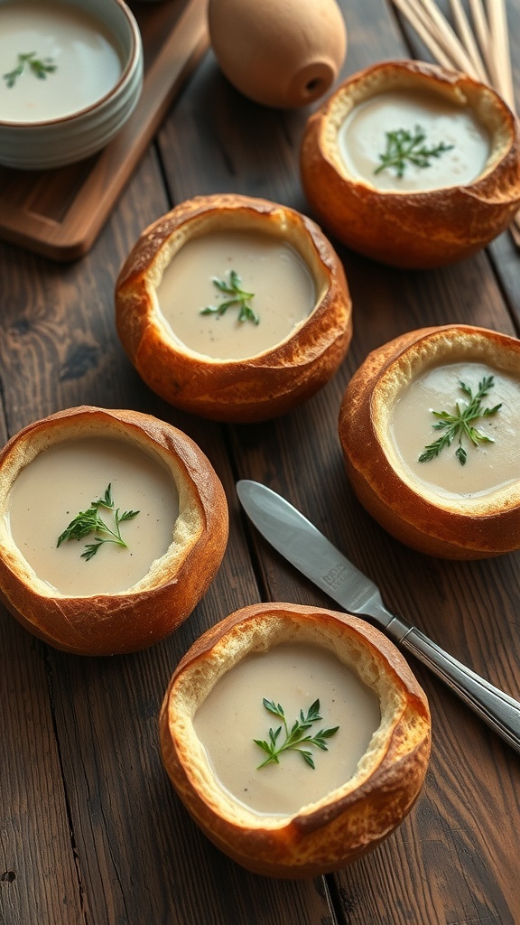 Four sourdough bread bowls filled with soup on a wooden table, garnished with herbs.